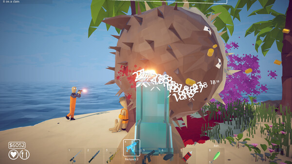 How to Fish player fighting a giant Pufferfish on a tropical shoreline