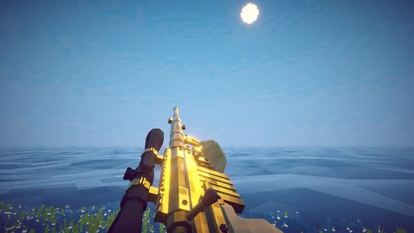 First-person view of a gold-colored ranged weapon aimed over water in How to Fish