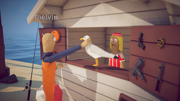 How to Fish player holding a bird at an island shop counter beside fishing gear